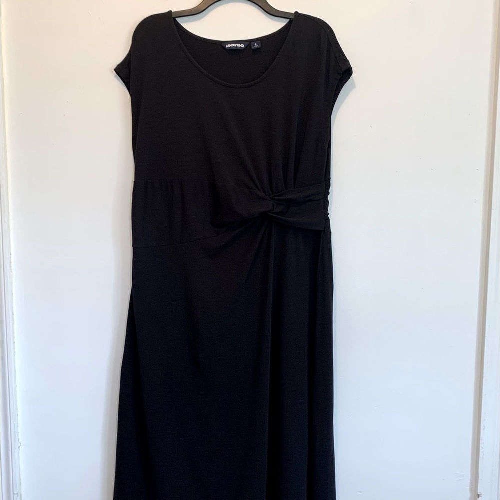 Lands End Black Knot Waist Cap Sleeve Midi Dress